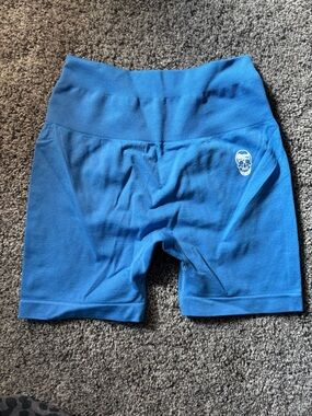 High-Rise Blue Women’s Bike Shorts with Skull Accent